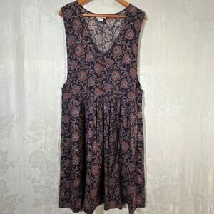 Via Sant Andrea Dress 18 Navy Blue Floral Made in USA Apron Button Sides Jumper